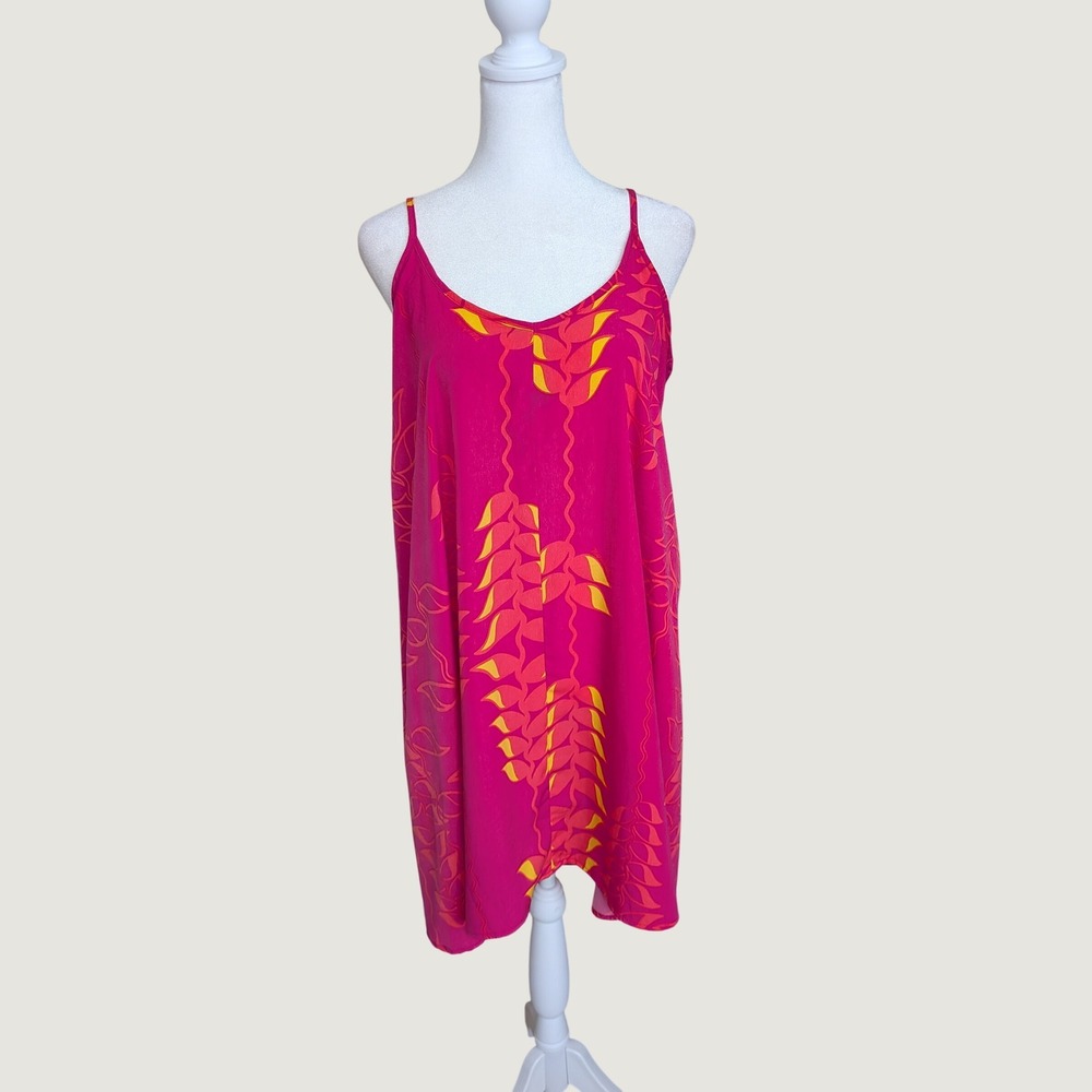 Manuheali'i Hawaii Tropical Leaf Mini Slip Dress Pink Yellow Large